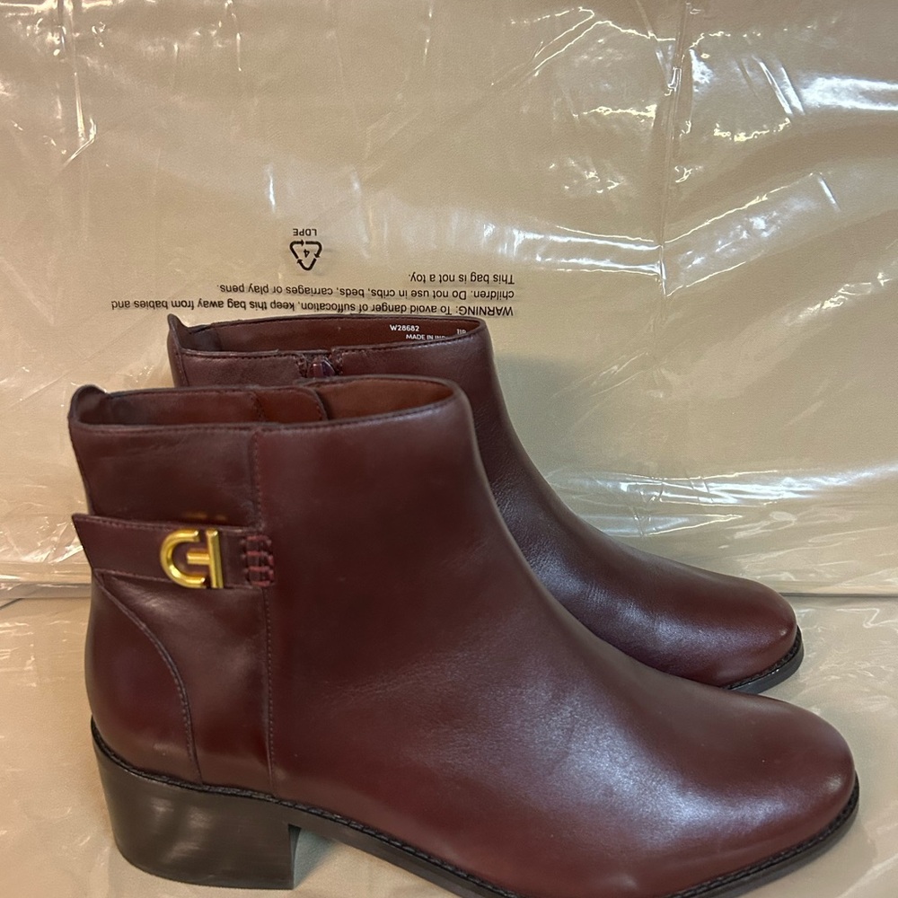 Cole Haan Burgundy Leather Ankle Booties with Gold Buckle